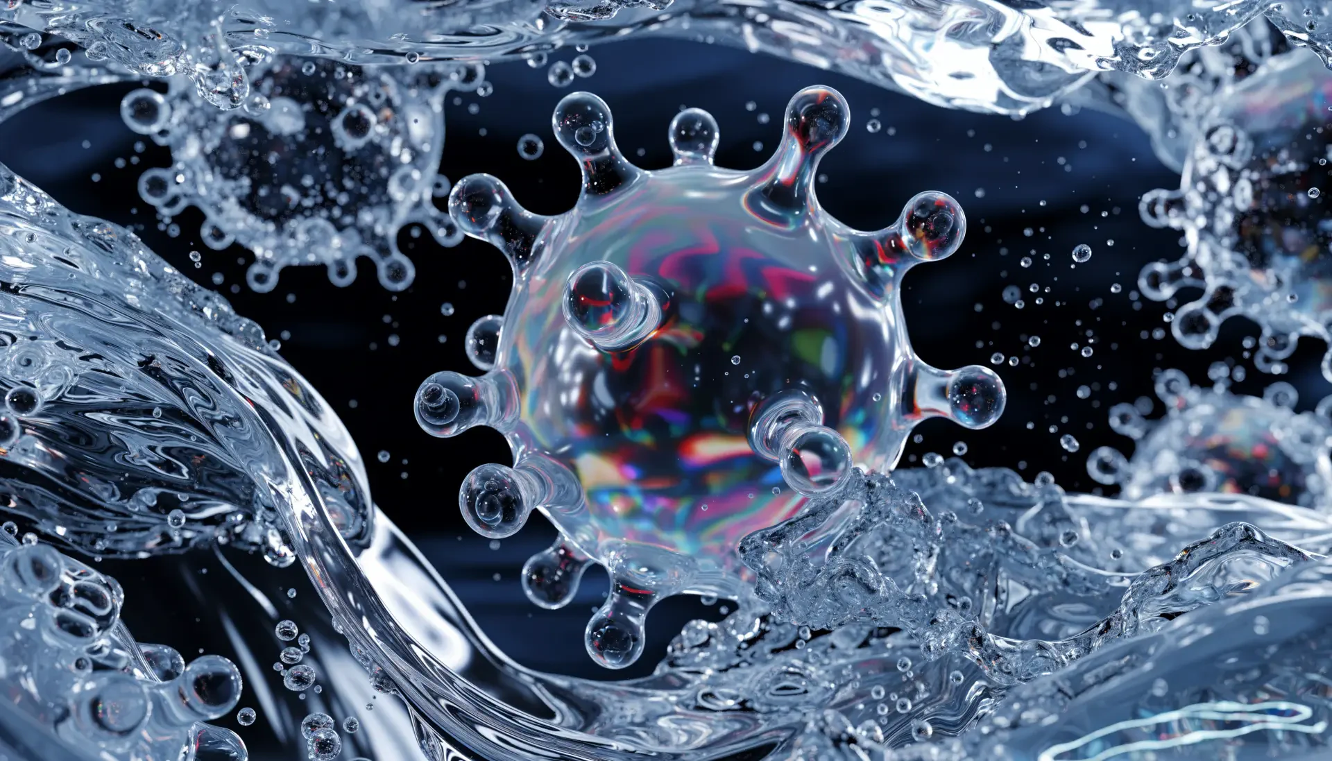 3D coronavirus particle surrounded by splashing water and bubbles, 4K Ultra HD PC desktop wallpaper and background.