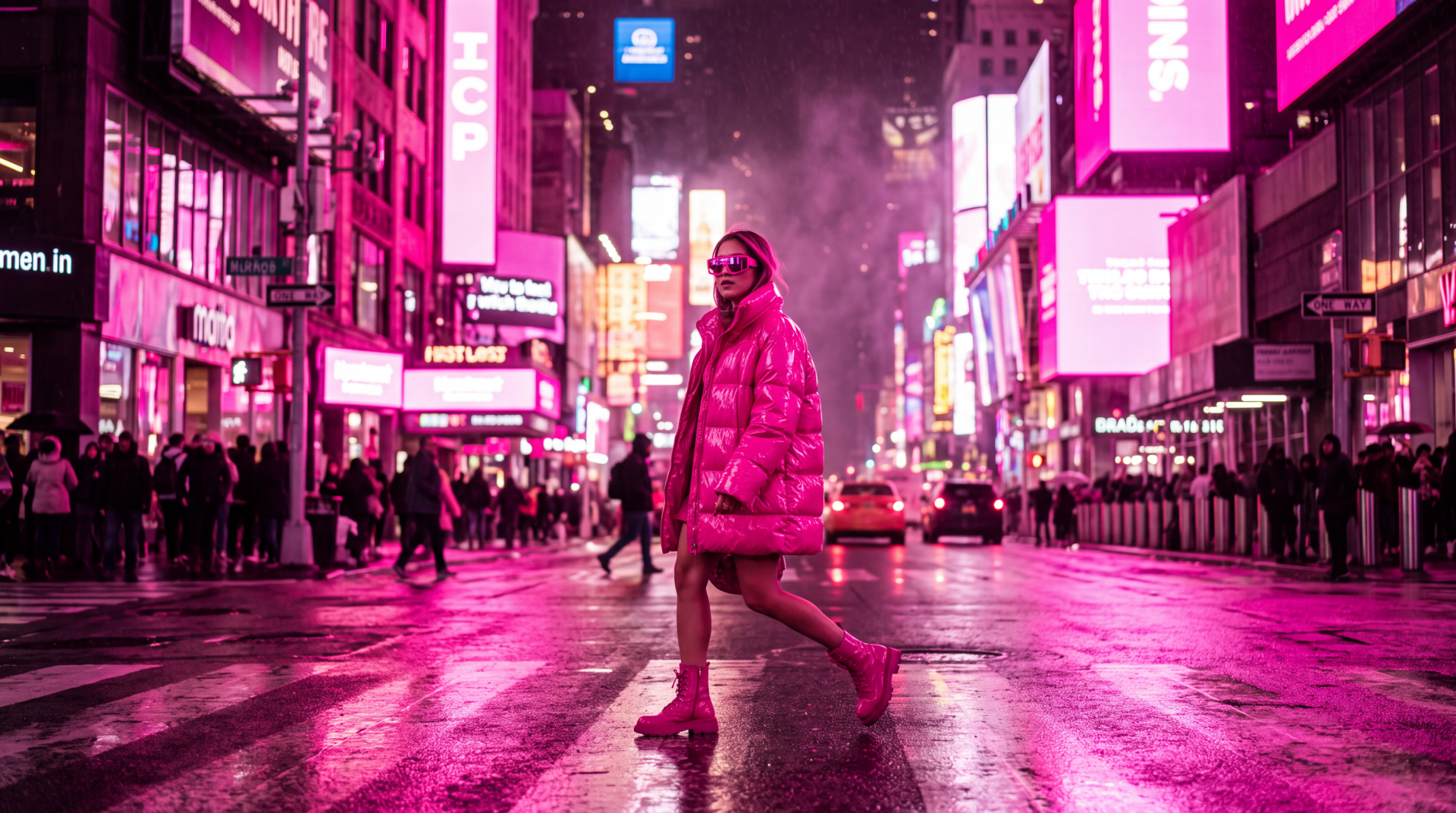 Woman in a hot pink jacket crosses a neon-lit city street at night, signs reflecting on wet pavement; 5K Ultra HD PC desktop wallpaper.