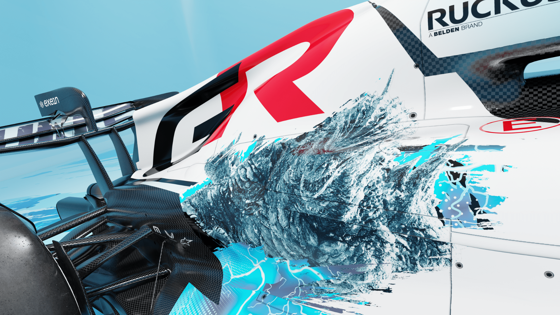 Haas F1 Team Haas VF-26 race car cutting through a dramatic blue splash, HD PC desktop wallpaper and background.