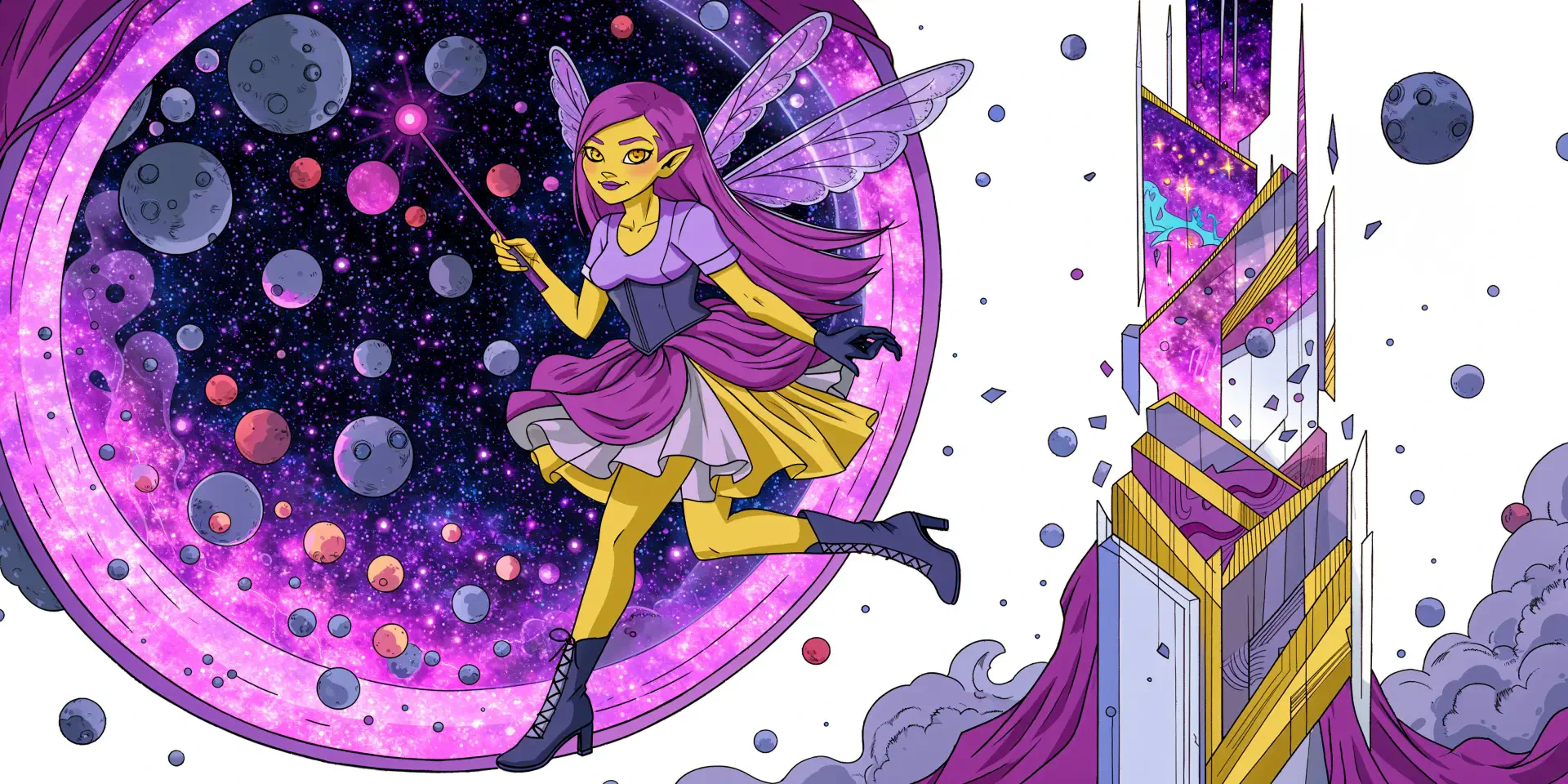 A purple-haired pixie fairy with glittering wings flies through a cosmic scene beside a crystalline tower, in 4K Ultra HD PC desktop wallpaper.