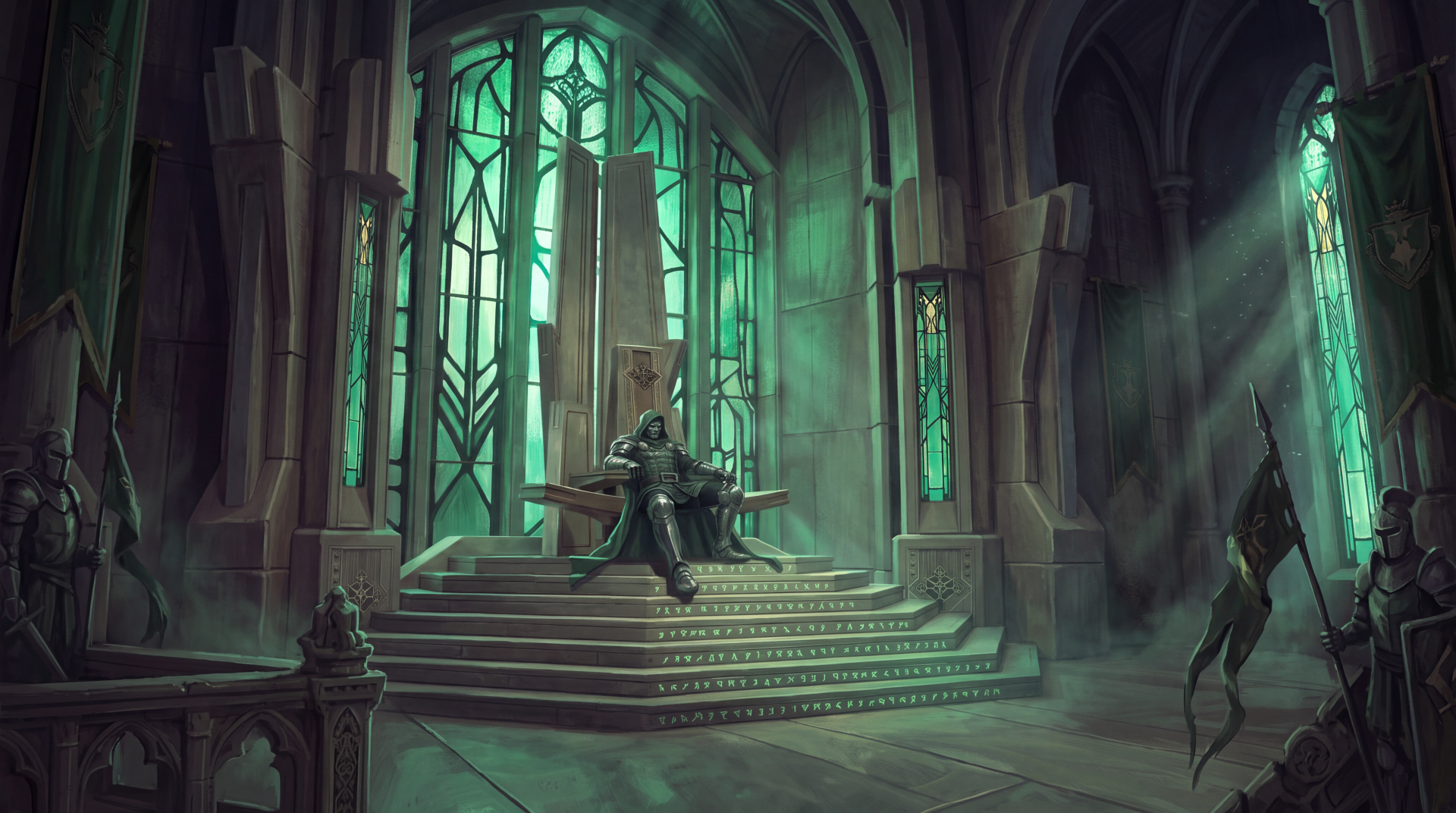 Doctor Doom on a throne in a gothic green-lit hall, Avengers: Doomsday 5K Ultra HD PC desktop wallpaper