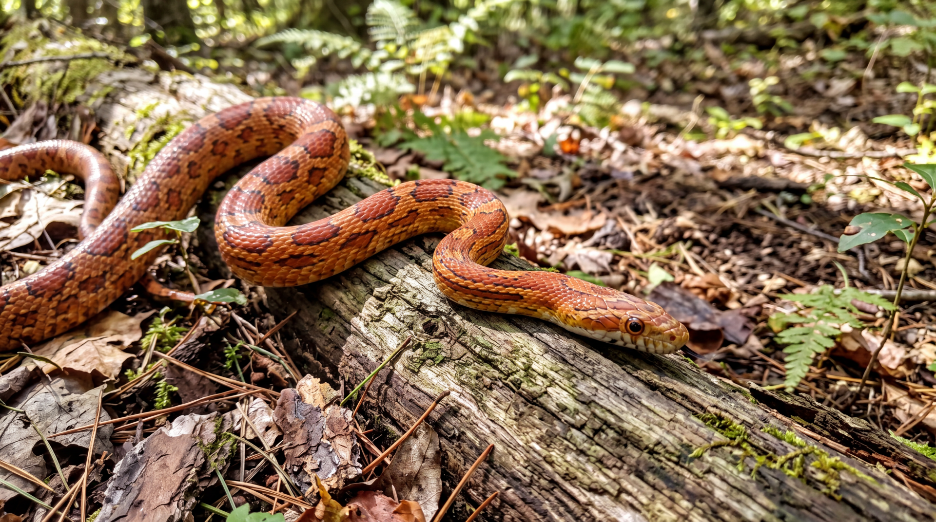 Corn snake slithering across a fallen log on a leafy forest floor, 5K Ultra HD PC desktop wallpaper background.