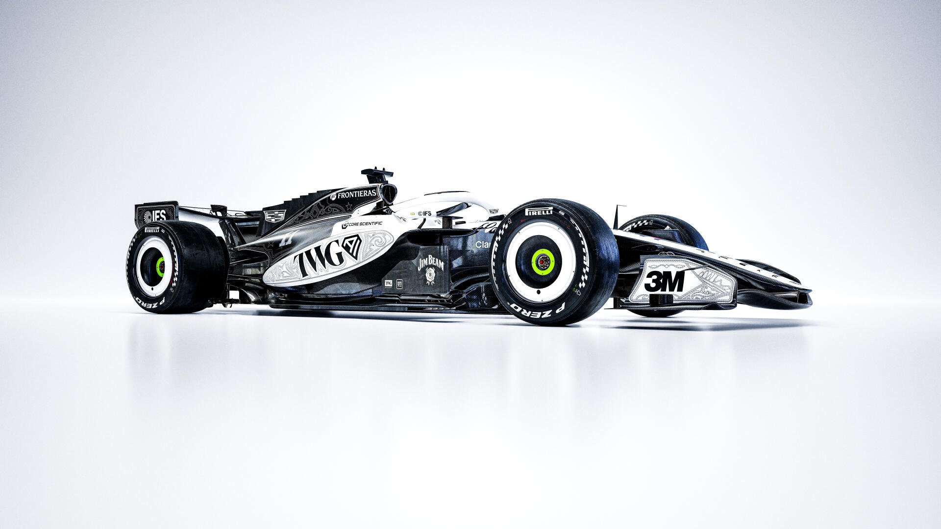 Cadillac MAC-26 F1 race car in a sleek side view, featured as an 8K Ultra HD desktop wallpaper and background.