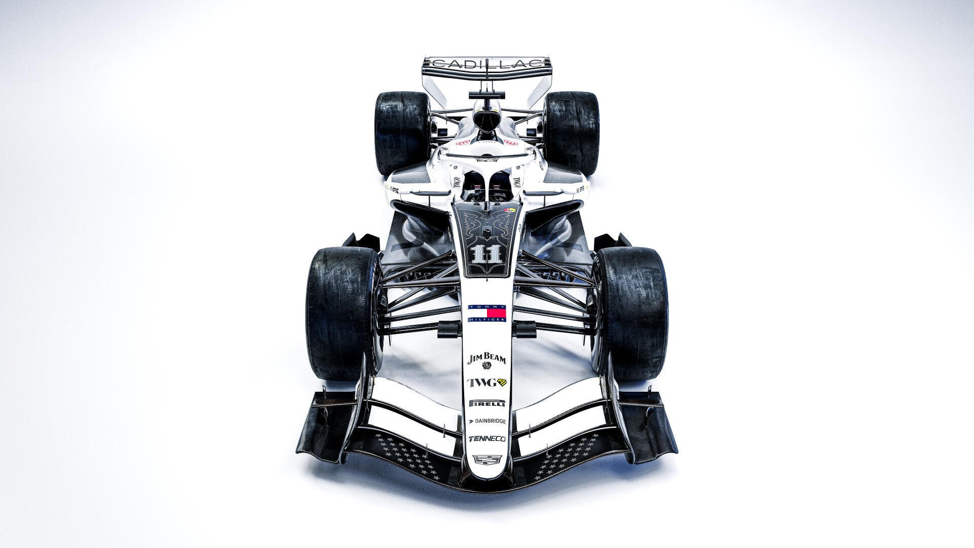 Cadillac MAC-26 F1 race car viewed from above against a clean white background, 8K Ultra HD desktop wallpaper.