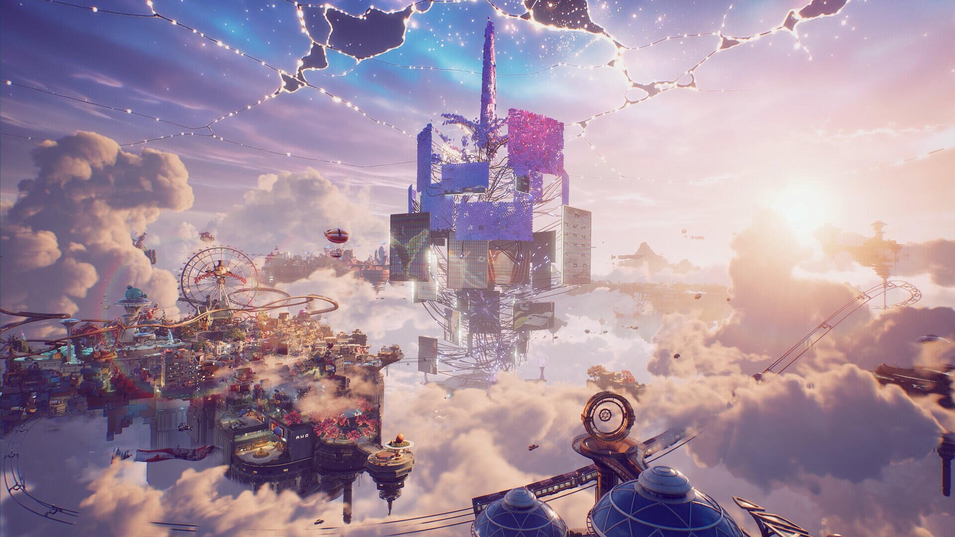 A surreal floating city of castles and towers rising above glowing clouds at sunset, HD PC desktop wallpaper and background from Ordinary Oddness.