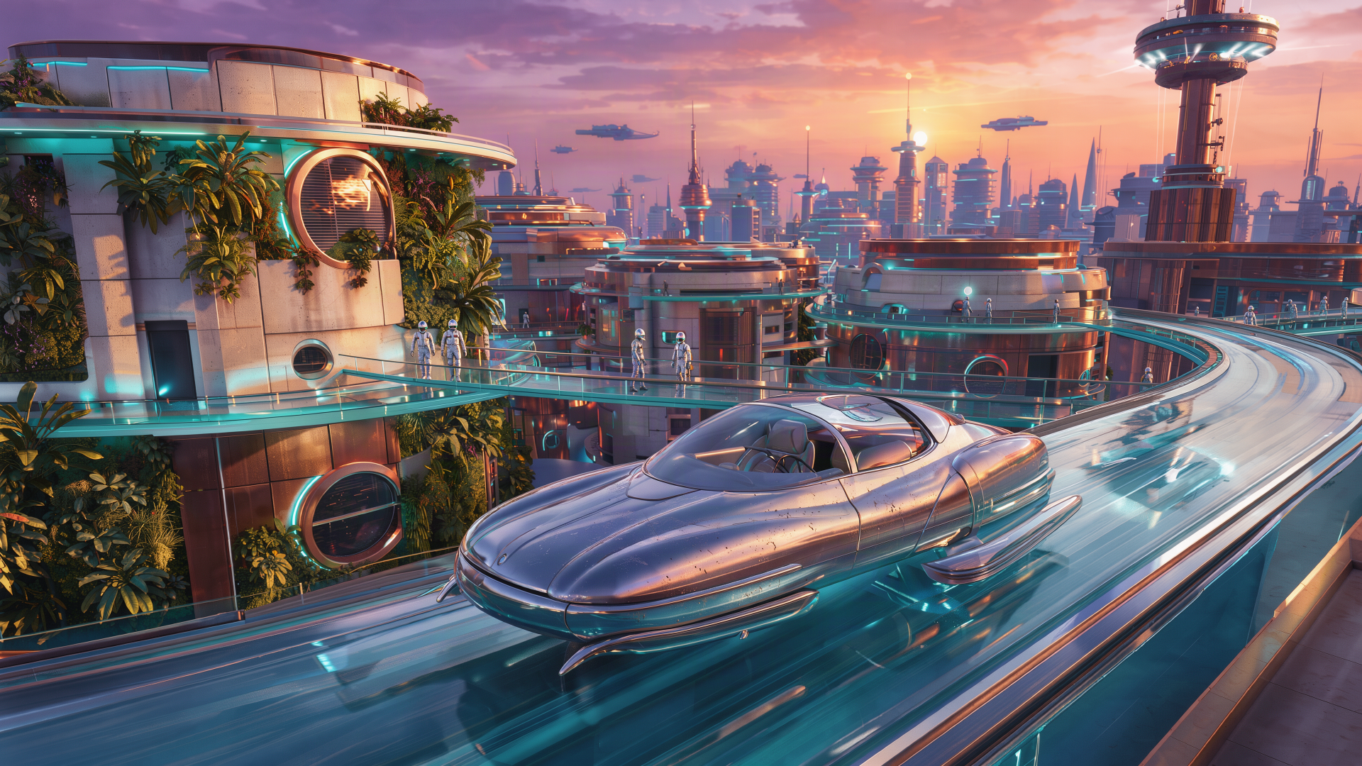 Retro-futuristic science fiction city with a sleek futuristic car on an elevated roadway, 4K Ultra HD PC desktop wallpaper.