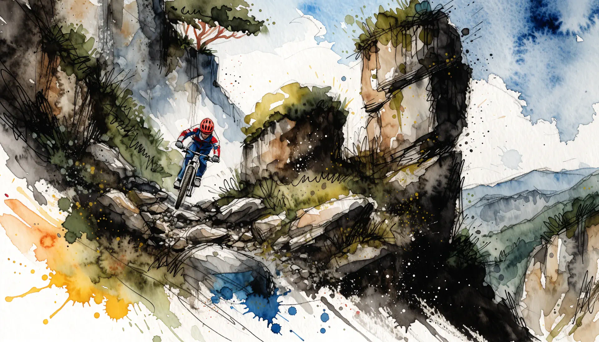 Watercolor mountain biker speeding over rocky terrain, 4K Ultra HD PC desktop wallpaper and background.