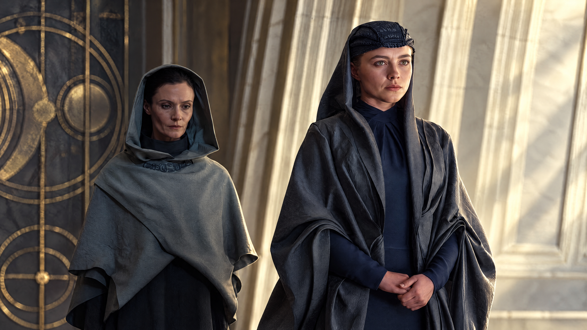 Florence Pugh in a dark robe beside a woman in a Dune: Part Three sci-fi scene, 4K Ultra HD PC desktop wallpaper and background.