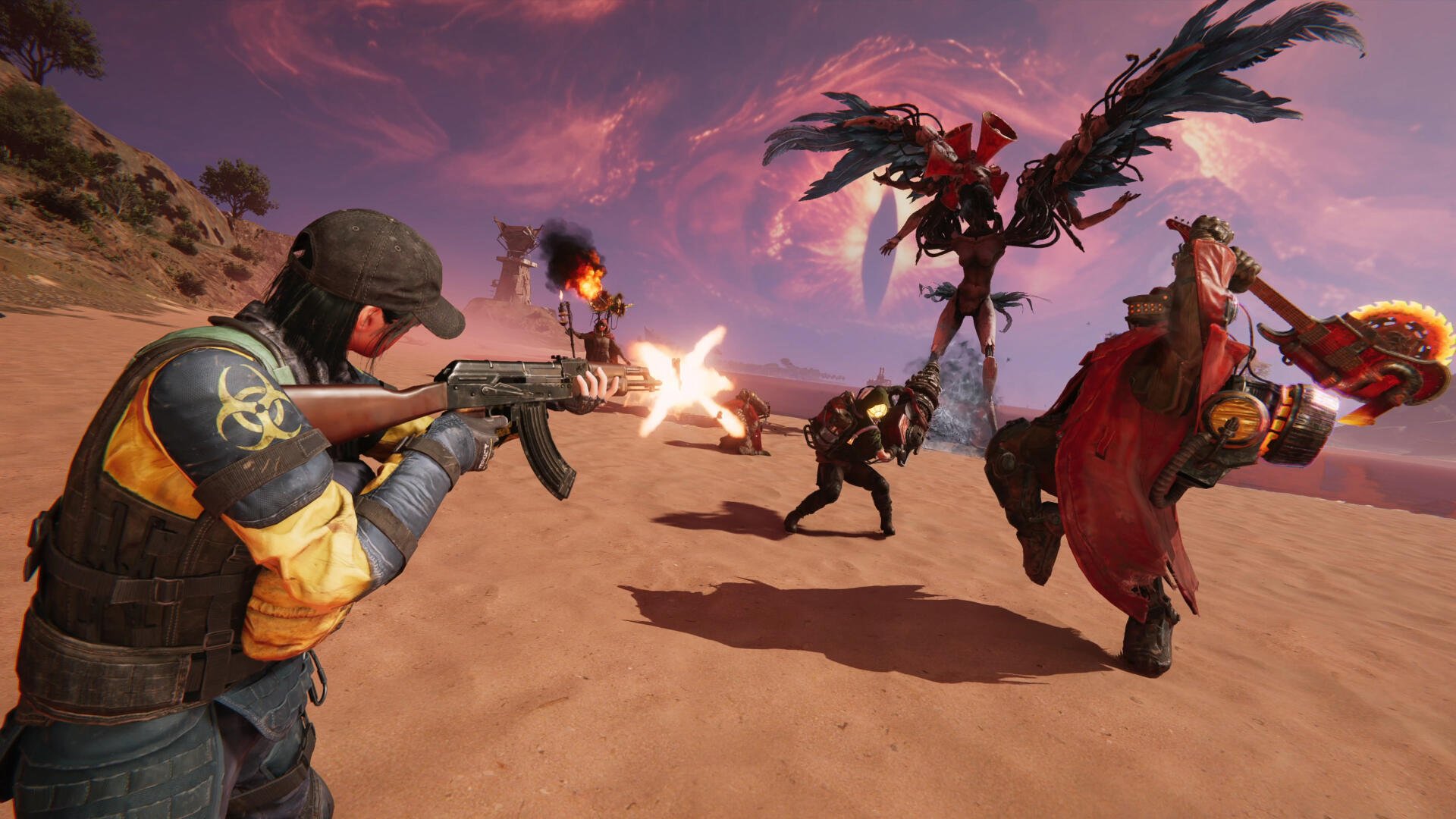 Once Human video game battle with a soldier firing a gun at monstrous enemies in a desert, 4K Ultra HD PC desktop wallpaper.