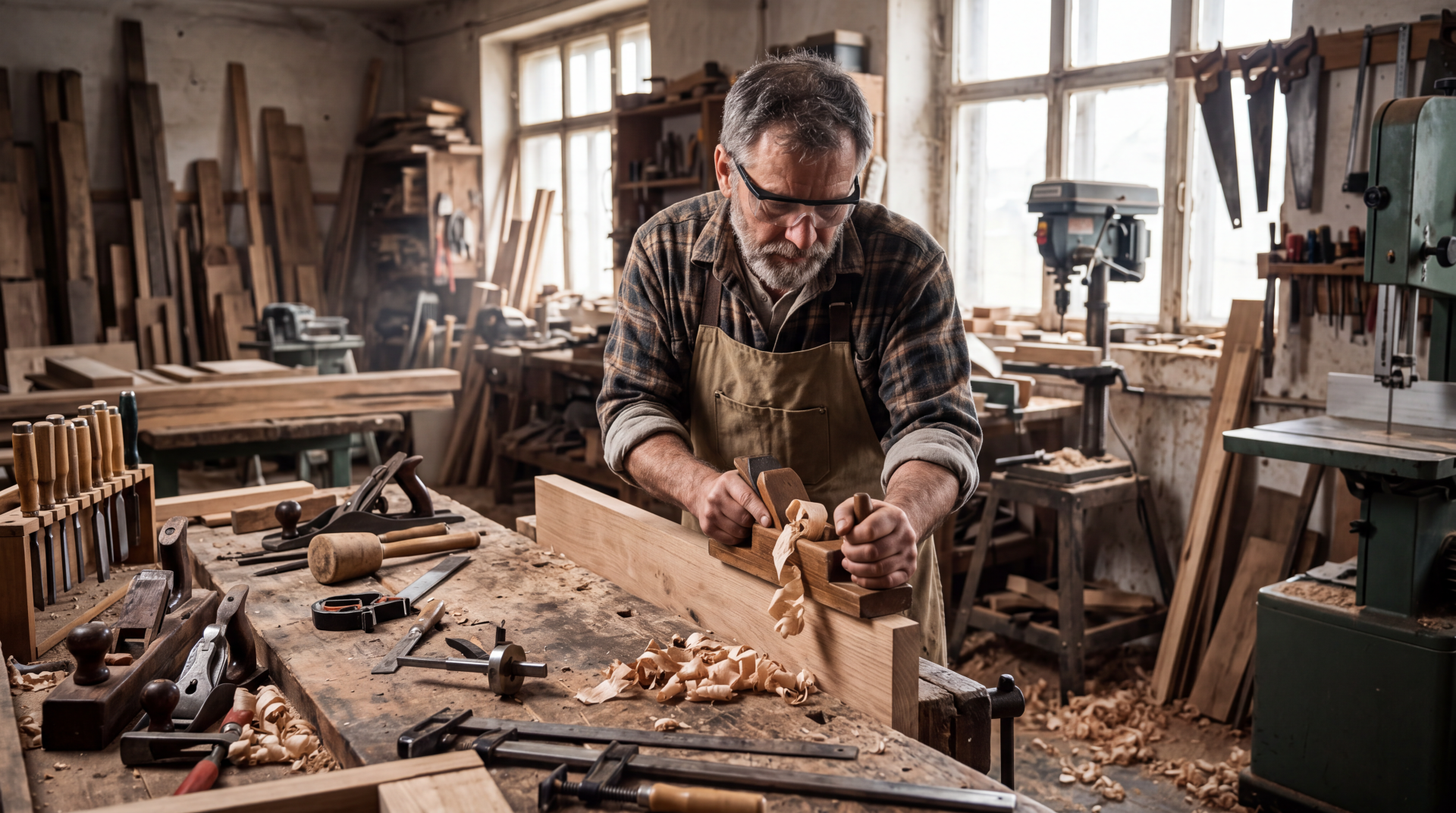 Carpenter shaping wood at a workbench in a sunlit workshop, with hand tools and sawdust—5K Ultra HD desktop wallpaper and background.