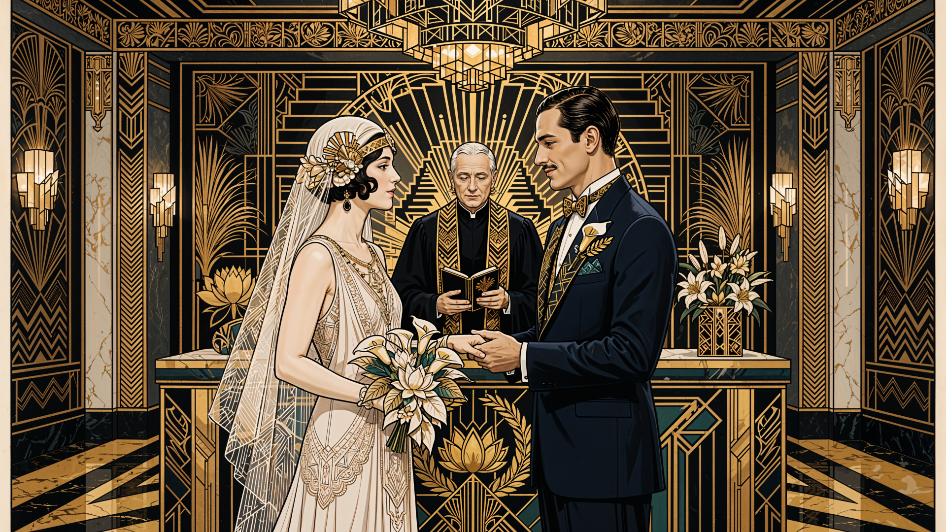 Art Deco wedding illustration of a bride and groom exchanging rings, 4K Ultra HD PC desktop wallpaper and background.