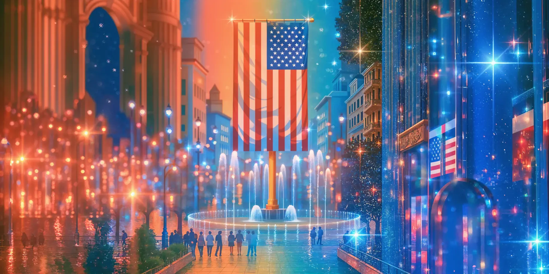 Patriotic American flag above a glowing cityscape fountain at dusk, 4K Ultra HD PC desktop wallpaper and background.