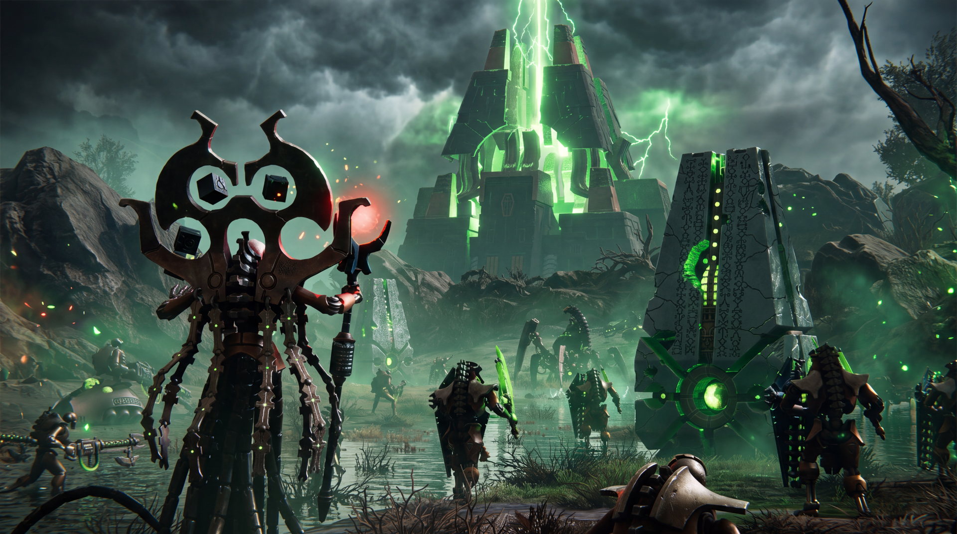 5K Ultra HD Warhammer 40,000: Dawn of War IV wallpaper showing sci-fi soldiers beneath towering green energy structures on a stormy battlefield.
