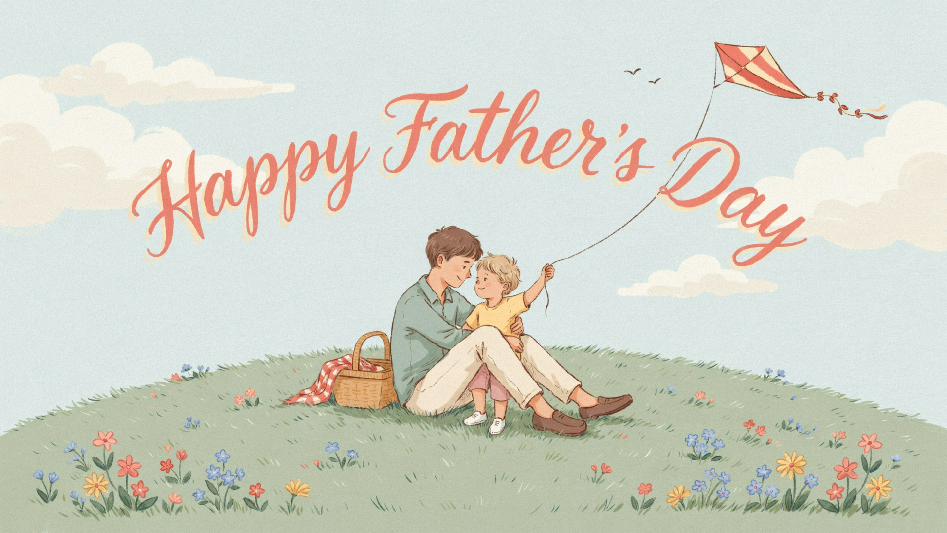 Happy Father’s Day illustration of a father and child flying a kite on a flower-filled hill, 2K Quad HD desktop wallpaper
