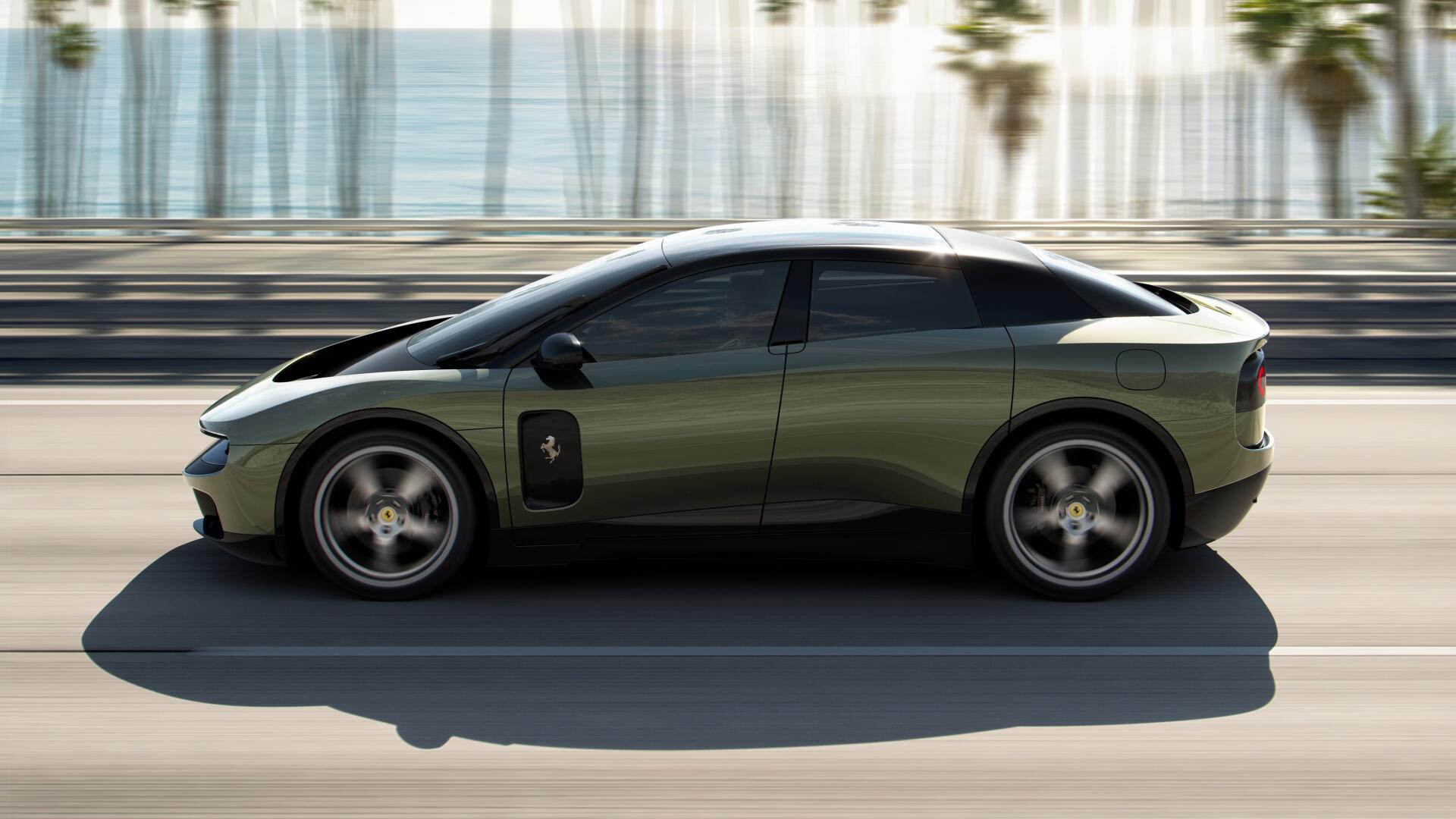Ferrari Luce electric coupe in a sleek side profile, featured in a 4K Ultra HD PC desktop wallpaper and background.