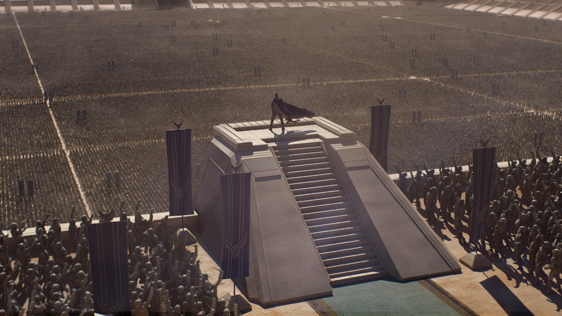 Dune: Part Three 2K Quad HD PC desktop wallpaper showing a lone figure atop a monumental stairway above a vast arena.