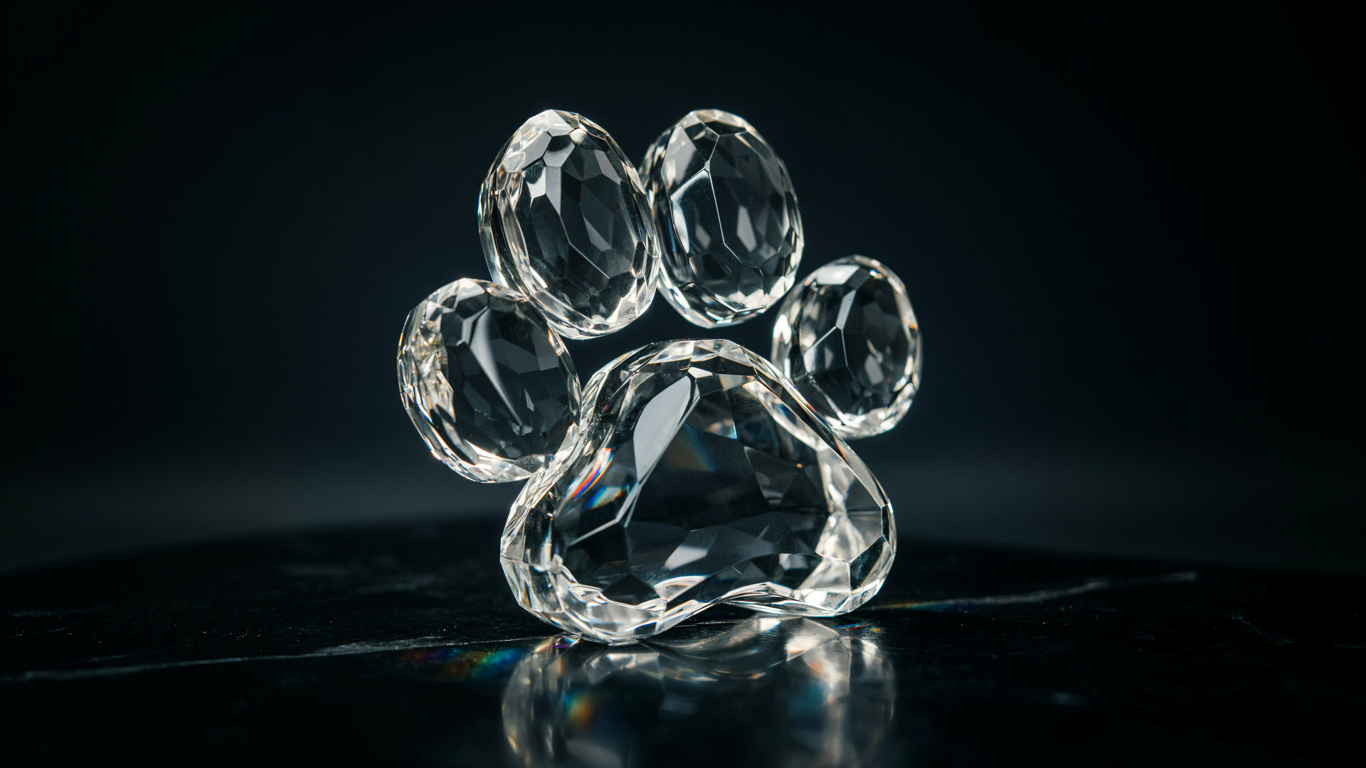 A sparkling crystal glass paw print sculpture on a dark reflective surface, featured in a 4K Ultra HD PC desktop wallpaper.
