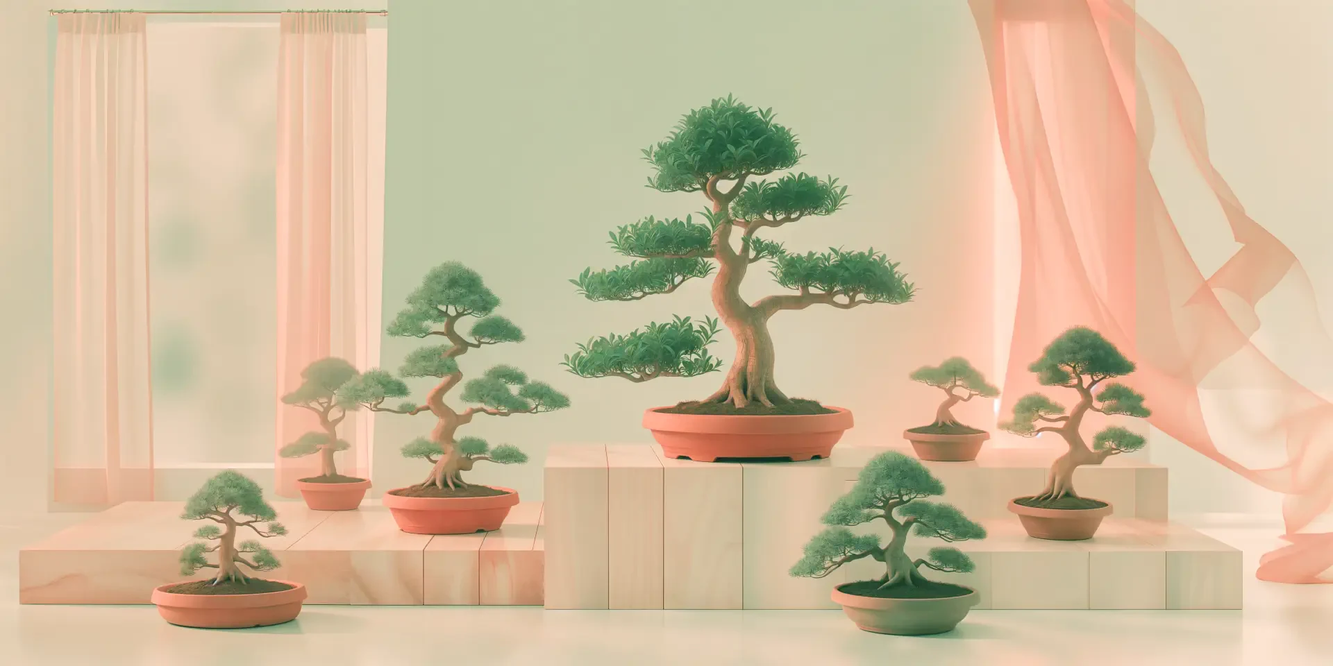 Serene bonsai garden with miniature trees on display in warm sunlight, 4K Ultra HD PC desktop wallpaper and background.