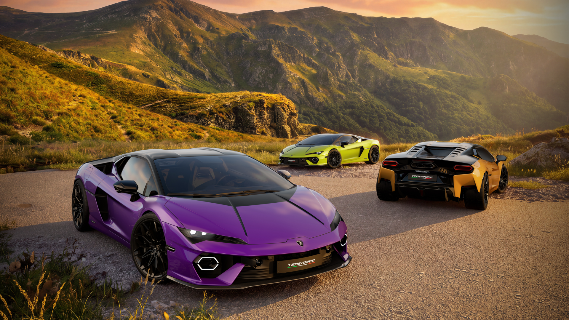 Lamborghini Temerario Tettonero supercars on a mountain road, 2K Quad HD PC desktop wallpaper and background.