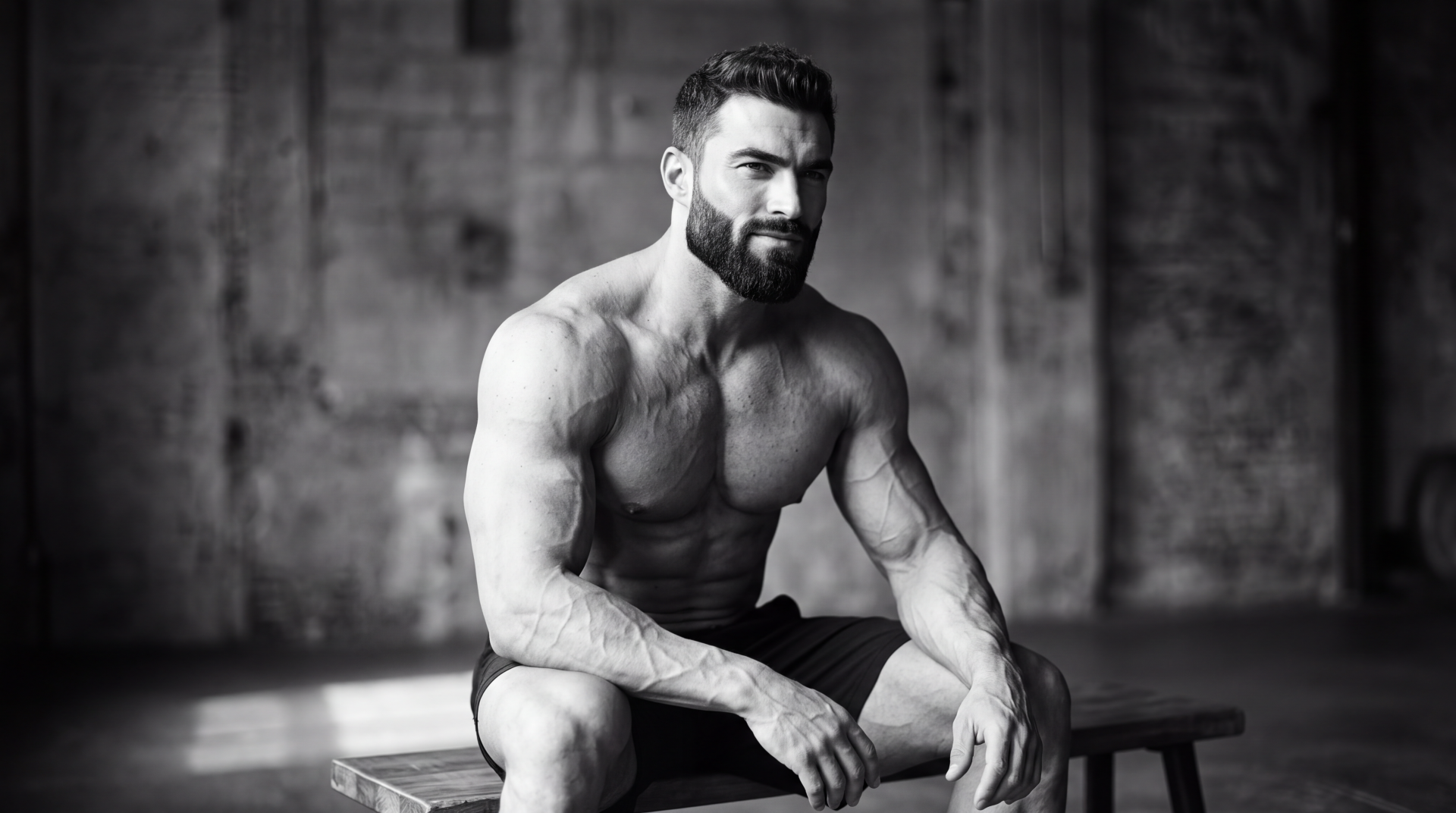 Black-and-white giga chad fitness portrait of a muscular bearded man seated on a bench, 5K Ultra HD PC desktop wallpaper and background.
