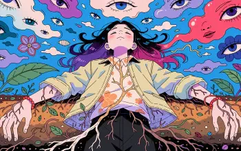 4K Ultra HD PC desktop wallpaper and background: surreal illustration of a woman lying as roots and veins sink into earth, vibrant sky of floating eyes, faces and plants.