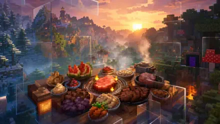 Minecraft 4K Ultra HD PC desktop wallpaper and background: a blocky sunset over a valley with villages, smoke and portals, and a wooden table piled with a steaming pixelated feast in the foreground.