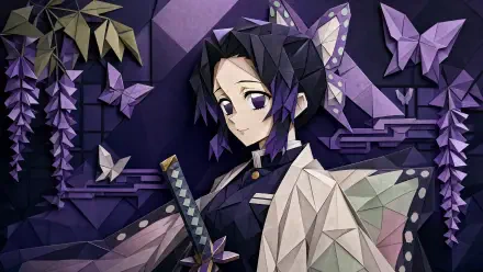 Shinobu Kochou in stylized geometric art with purple butterflies, wearing her butterfly haori and holding a sword — 4K Ultra HD PC desktop wallpaper/background.