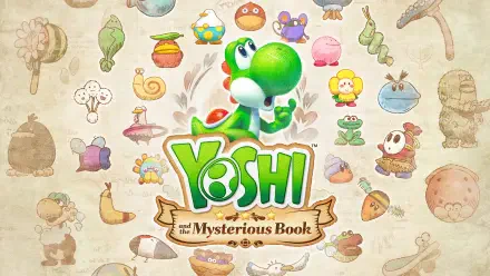 HD PC desktop wallpaper featuring Yoshi from the video game Yoshi and the Mysterious Book, centered over a whimsical parchment background with items and creatures.