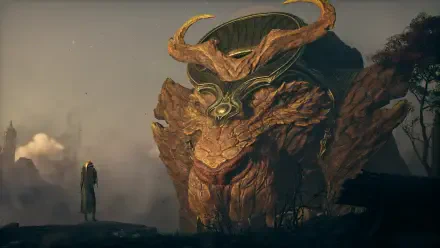 4K Ultra HD PC wallpaper from the video game God of War: Laufey stands before a colossal horned guardian on a misty cliff.