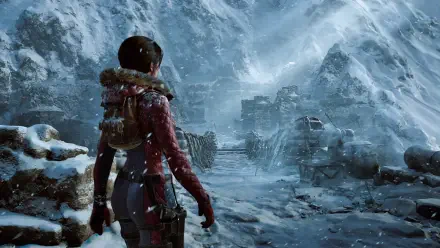 Lara Croft in winter gear surveys snowbound ancient ruins in Tomb Raider: Legacy of Atlantis — 4K Ultra HD PC desktop wallpaper.