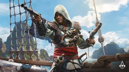 Video game 5K Ultra HD PC desktop wallpaper of Assassin's Creed Black Flag Resynced: hooded pirate assassin on a ship deck firing a pistol, cutlass at hip, tropical sea and dramatic sky.