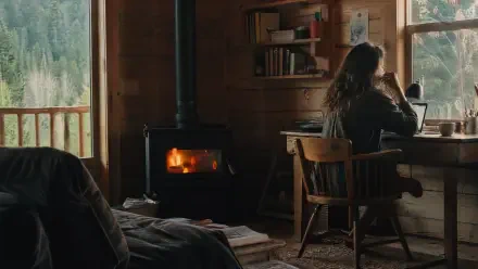 4K Ultra HD PC desktop wallpaper and background — cozy cabin interior with wood stove, bed, bookshelves, and a person at a desk gazing out a window to the forest.