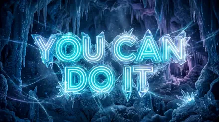 5K Ultra HD PC desktop wallpaper: glowing neon-blue YOU CAN DO IT text embedded in a crystalline ice cave with shimmering stalactites and frosty accents.