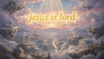 4K Ultra HD PC desktop wallpaper/background: radiant jesus is lord text over a heavenly panorama of floating islands, ancient temples, doves and golden sunbeams.