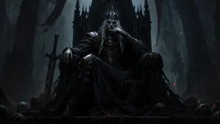 Dark king in an ornate crown and armor seated on a black throne amid skulls and swords in a towering gothic hall — 4K Ultra HD PC desktop wallpaper, moody shadowed fantasy background.