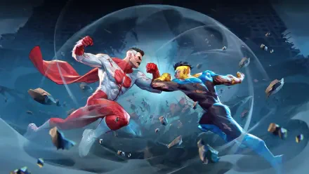 Invincible VS. 4K Ultra HD PC desktop wallpaper and background: two armored superheroes clash mid-air, sending debris spiraling inside a translucent energy globe.