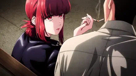 5K Ultra HD PC wallpaper: red-haired anime waifu smoking behind a supermarket, glancing over her shoulder at a companion.