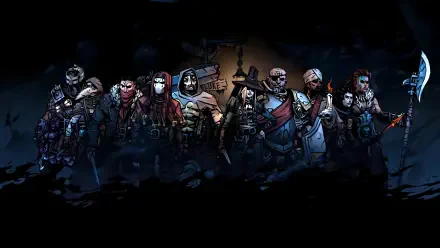Darkest Dungeon 8K Ultra HD PC Desktop Wallpaper and Background: a row of grim, stylized adventurers and monsters lit by torchlight against a shadowy dungeon interior.