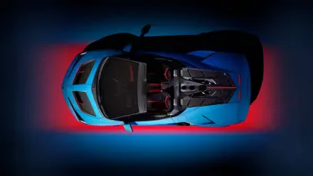 Top-down view of a blue Lamborghini Fenomeno sports car with red-accent interior and dramatic red-and-blue lighting, HD PC desktop wallpaper/background.