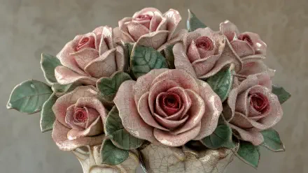 4K Ultra HD PC desktop wallpaper: close-up pink rose bouquet with dewy petals and green leaves arranged in a decorative vase against a soft neutral background.