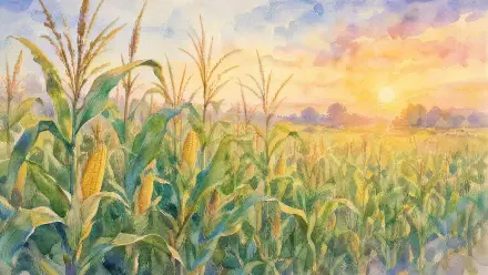 Watercolor-style 4K Ultra HD PC desktop wallpaper of a sunlit corn field at sunrise, green stalks and golden ears stretching into a soft pastel sky.