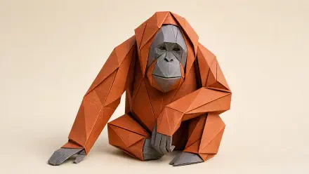 Origami-style orangutan sculpture in warm tones, presented as a 4K Ultra HD PC desktop wallpaper and background.