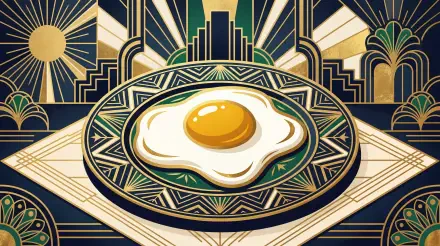 Art-deco styled fried egg centered on an ornate geometric plate with sunburst motifs — 5K Ultra HD PC desktop wallpaper and background.