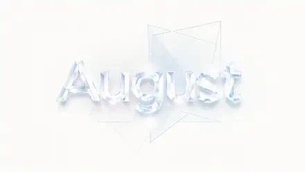 Minimal white 4K Ultra HD PC desktop wallpaper background featuring crystalline glass letters spelling August with faint geometric outline accents.