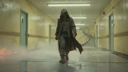 Vagabond in a tattered hooded coat walks down a fog-filled hospital corridor — moody 4K Ultra HD PC desktop wallpaper and background.