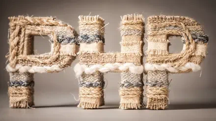 4K Ultra HD PC desktop wallpaper showing the letters PHP crafted from frayed woven rope and fabric textures against a neutral background.