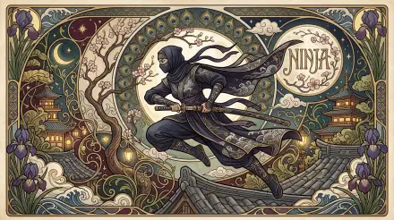 5K Ultra HD PC desktop wallpaper/background: ornate, stylized ninja leaping over rooftops amid lanterns, swirls, and moonlit Japanese motifs.