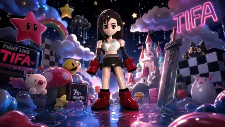 4K Ultra HD PC desktop wallpaper of Tifa Lockhart standing in a glossy, toy-like neon fantasy scene with stars, clouds, a checkerboard floor, and oversized plush props.