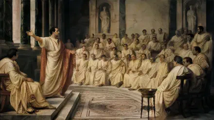 4K Ultra HD PC desktop wallpaper: a classical painting of a robed orator addressing seated senators in a marble hall, warm light and intricate stone architecture.