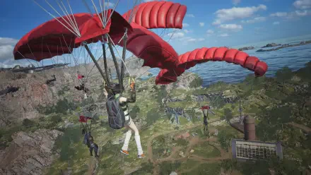4K Ultra HD PC desktop wallpaper: Final Fantasy VII Revelation video game scene of characters parachuting over a coastal green landscape under a blue sky.